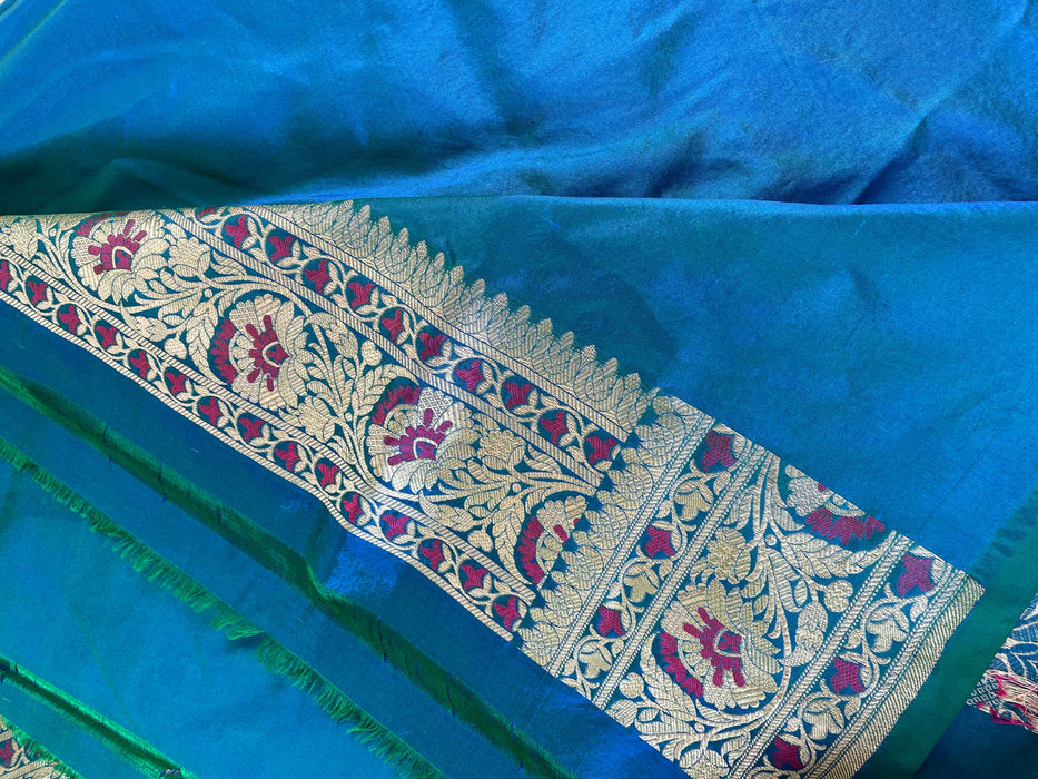Blue Pure Katan Silk Banarasi Handloom Saree - Sona Roopa Jaal work