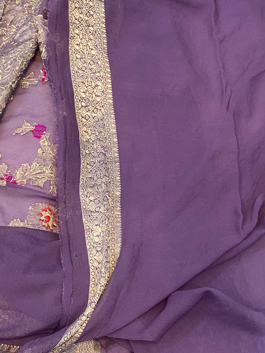 Dark Lavender Khaddi Georgette Banarasi Handloom Saree - Meenakari