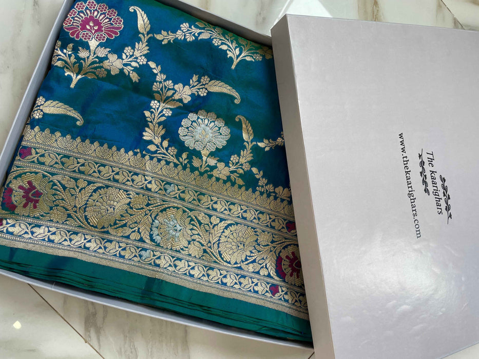 Blue Pure Katan Silk Banarasi Handloom Saree - Sona Roopa Jaal work