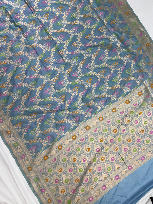 Powder Blue Pure Katan Banarasi Handloom Saree - Meenakari Work