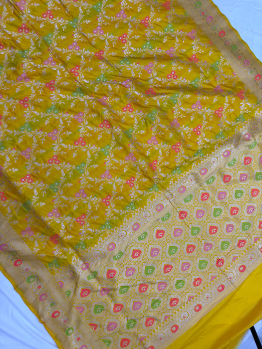Yellow Pure Katan Banarasi Handloom Saree - Meenakari Work