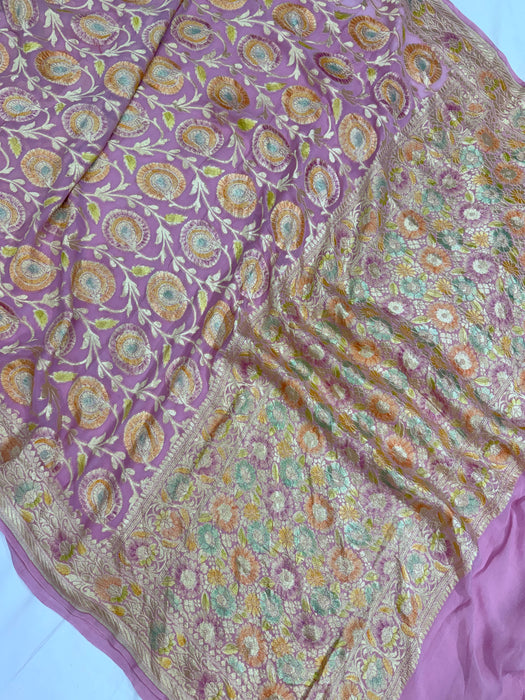 Indian Pink Pure Khaddi Georgette Banarasi Handloom Saree - Hand Filled Meenakari