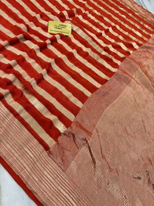 Spanish Orange Pure Khaddi Georgette Banarasi Handloom Saree - Water Zari