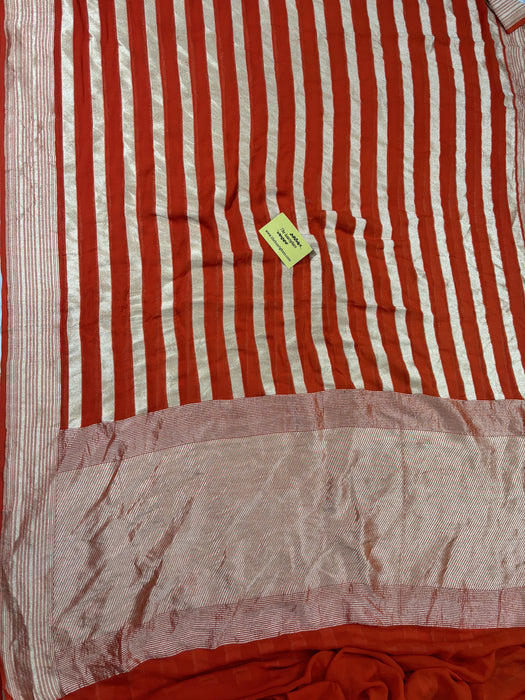 Spanish Orange Pure Khaddi Georgette Banarasi Handloom Saree - Water Zari