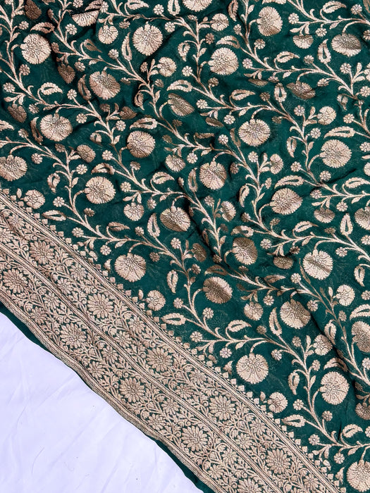 Bottle Green Khaddi Georgette Banarasi Handloom Saree - Antique Zari