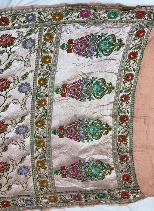 Light Peach Pure Tussar Georgette Banarasi Handloom Saree - Brocade Meenakari