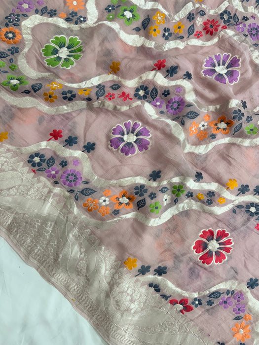 Light lavender Khaddi Georgette Banarasi Handloom Saree - Meenakari