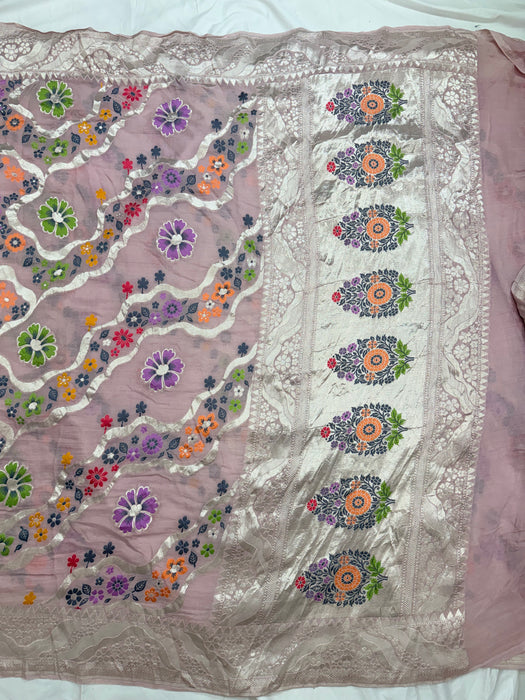 Light lavender Khaddi Georgette Banarasi Handloom Saree - Meenakari