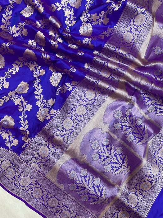 Purple Blue Pure Katan Banarasi Handloom Saree - Dual Shade Sona Roopa Jaal Work
