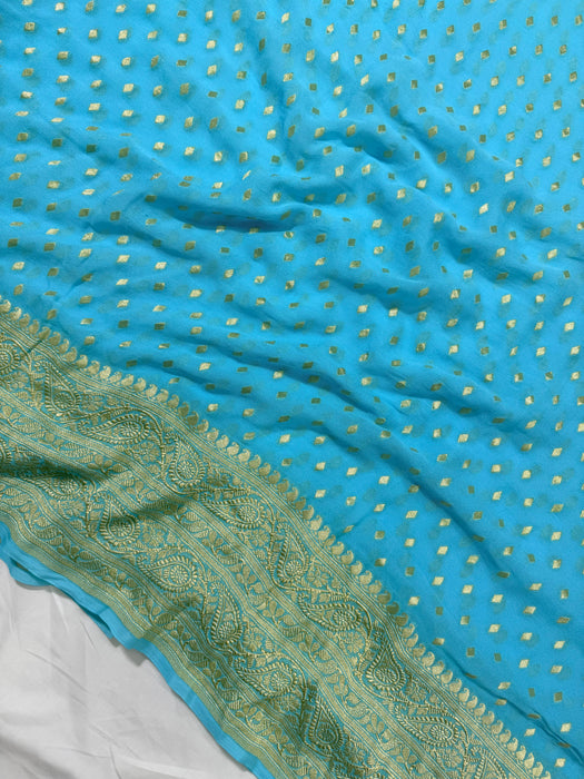 Blue Pure Khaddi Georgette Banarasi Handloom Saree - Water Zari