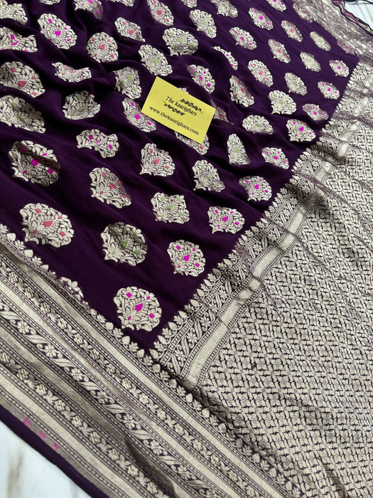 Wine Pure Khaddi Georgette Banarasi Handloom Saree