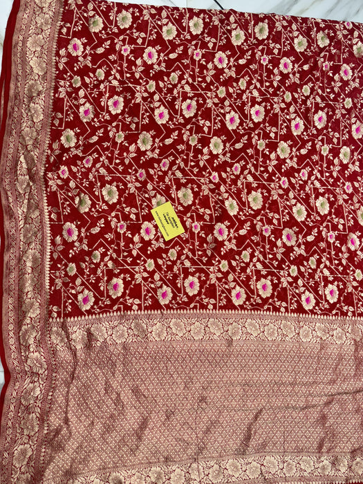 Red Pure Khaddi Georgette Banarasi Handloom Saree - Meenakari