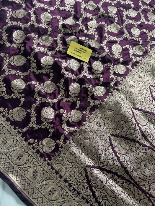 Wine Pure Katan Banarasi Handloom Saree - Sona Jaal Work