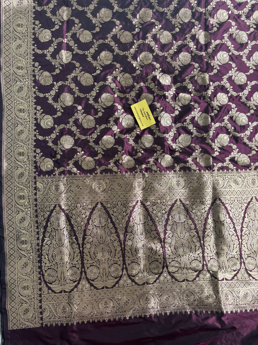 Wine Pure Katan Banarasi Handloom Saree - Sona Jaal Work