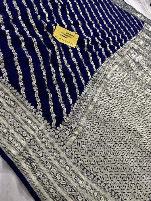Navy Blue Khaddi Georgette Banarasi Handloom Saree - Water Zari