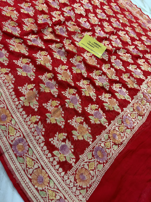 Red Pure Khaddi Georgette Banarasi Handloom Dupatta - Hand Meenakari