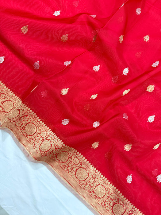 Red Pure Kora Banarasi Handloom Saree - Sona Roopa Motifs