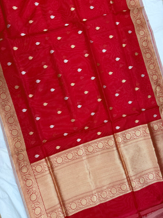Red Pure Kora Banarasi Handloom Saree - Sona Roopa Motifs