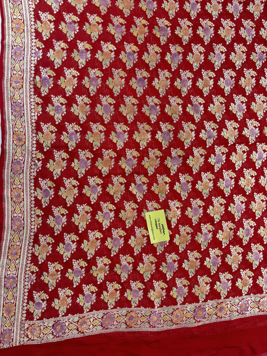 Red Pure Khaddi Georgette Banarasi Handloom Dupatta - Hand Meenakari