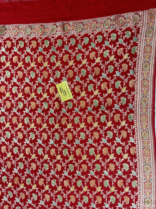 Red Pure Khaddi Georgette Banarasi Handloom Dupatta - Hand Meenakari