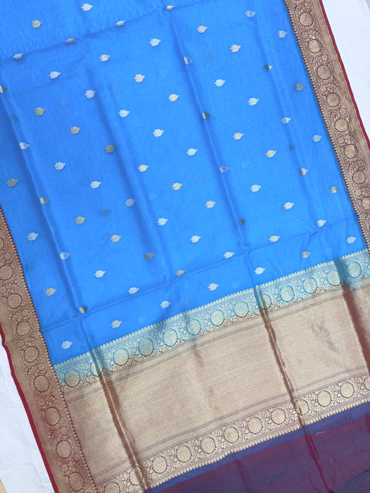 Blue Pure Kora Banarasi Handloom Saree - Sona Roopa Motifs