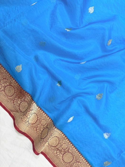 Blue Pure Kora Banarasi Handloom Saree - Sona Roopa Motifs