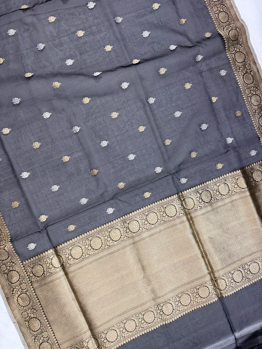 Black Pure Kora Banarasi Handloom Saree - Sona Roopa Motifs
