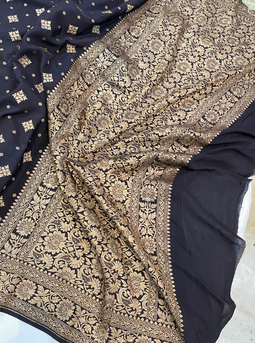 Black Pure Khaddi Crepe Banarasi Handloom Saree