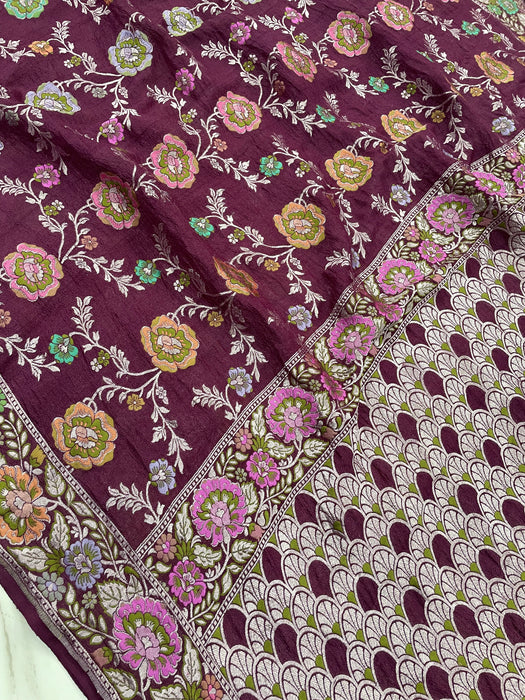 Magenta Pure Tussar Georgette Banarasi Handloom Saree - Meenakari Work