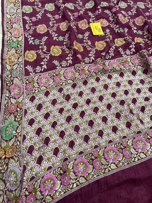 Magenta Pure Tussar Georgette Banarasi Handloom Saree - Meenakari Work