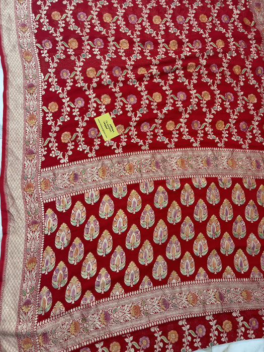 Red Khaddi Georgette Banarasi Handloom Saree - Hand Meenakari