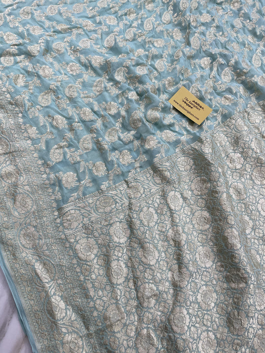 Glacier Pure Khaddi Georgette Banarasi Saree - Water Zari