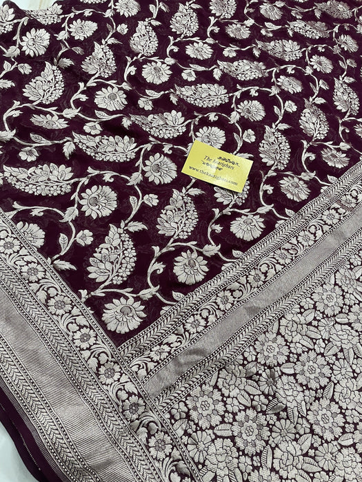 Dark Maroon Georgette Banarasi Saree - Water Zari