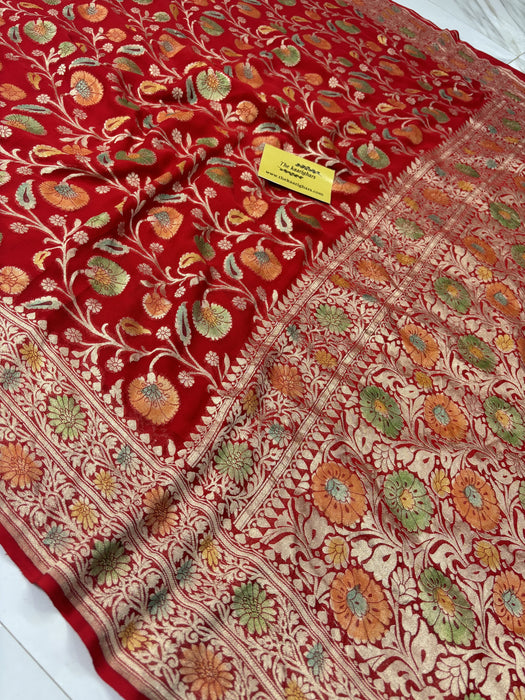 Red Khaddi Georgette Banarasi Handloom Saree - Hand Meenakari