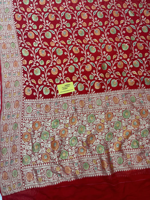 Red Khaddi Georgette Banarasi Handloom Saree - Hand Meenakari
