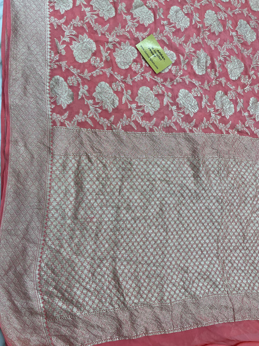 Indian Red Pure Khaddi Georgette Banarasi Saree - Water Zari