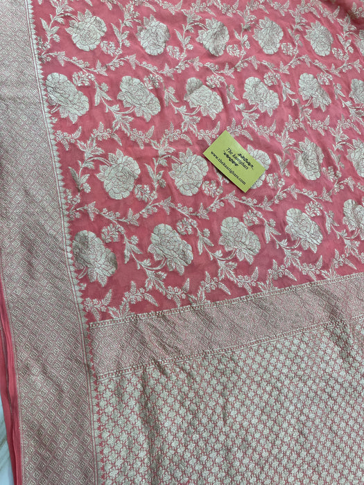 Indian Red Pure Khaddi Georgette Banarasi Saree - Water Zari