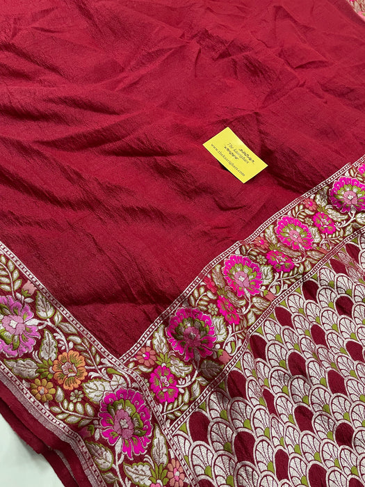 Rich Maroon Pure Tussar Georgette Banarasi Handloom Saree - Meenakari Work