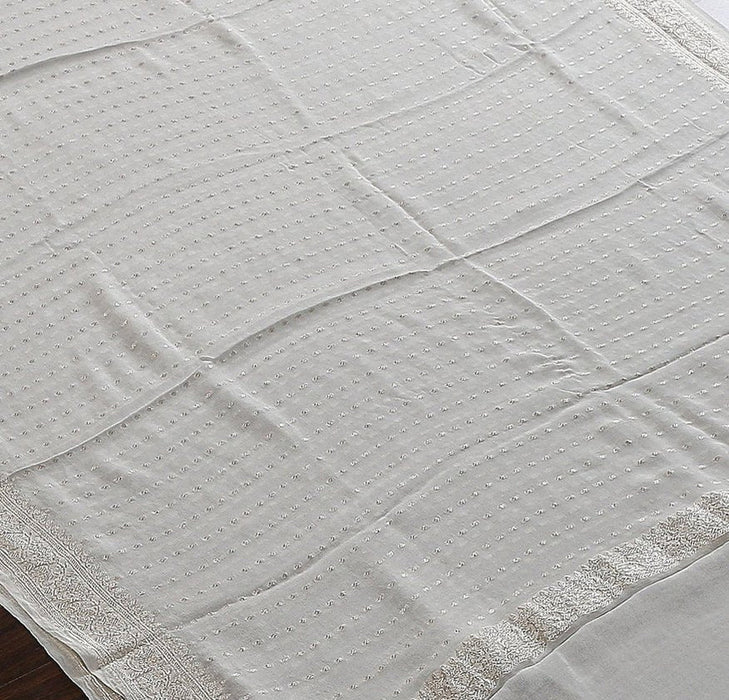 White Pure Georgette Banarasi Handloom Dupatta - Silver Zari