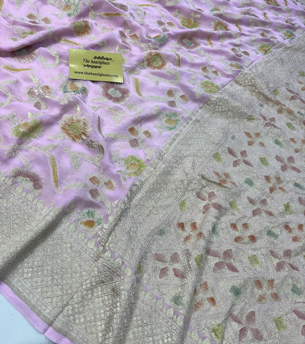 Rose Pink Khaddi Georgette Banarasi Handloom Saree - Hand Meenakari