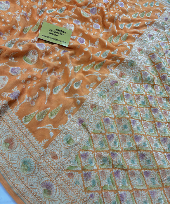 Dirty Orange Khaddi Georgette Banarasi Handloom Saree - Hand Meenakari
