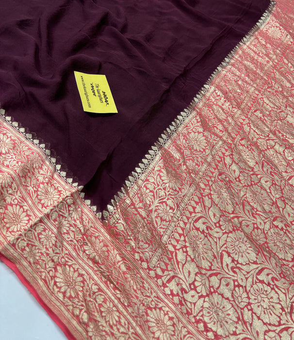 Wine Khaddi Georgette Banarasi Handloom Saree -  Water Work