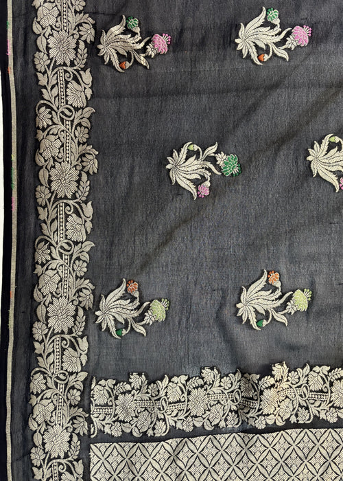 Black Khaddi Georgette Banarasi Handloom Saree - Tilfi Meenakari