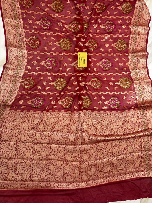 Maroon Pure Khaddi Chiffon Banarasi Saree - Meenakari Work