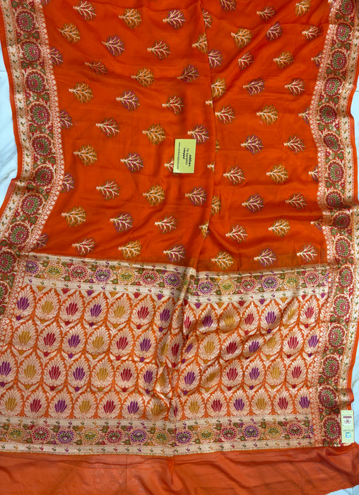 Italian Orange Pure Khaddi Chiffon Banarasi Saree - Meenakari Work