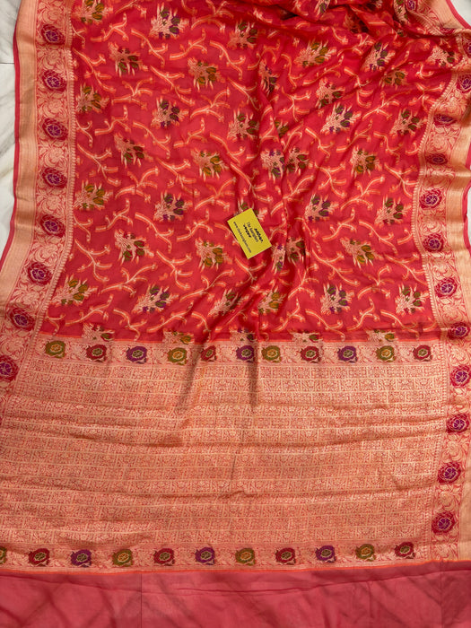 Onion Pink Pure Khaddi Chiffon Banarasi Saree - Meenakari Work
