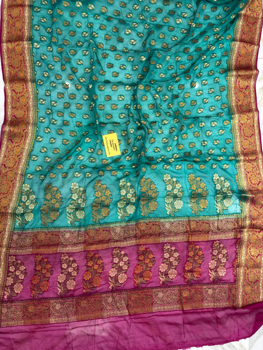 SeaGreen Pure Khaddi Chiffon Banarasi Saree - Antique Zari