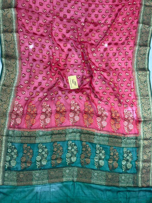 Red with Green Pure Khaddi Chiffon Banarasi Saree - Antique zari