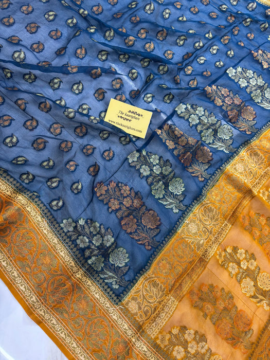 Midnight With Mustard Pure Khaddi Chiffon Banarasi Saree - Antique Zari