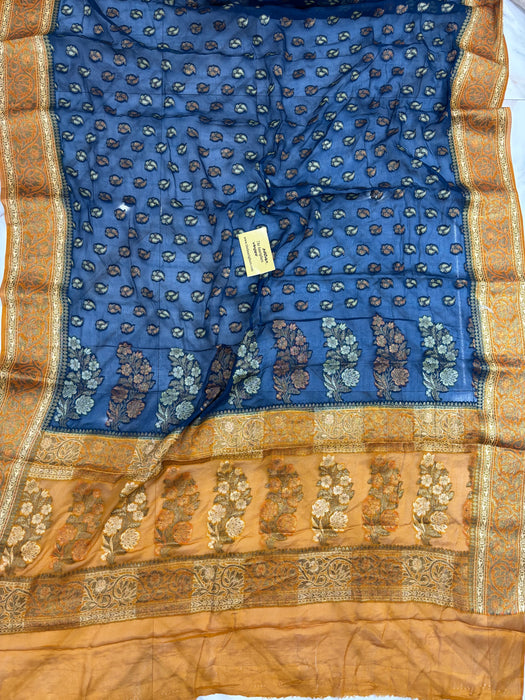 Midnight With Mustard Pure Khaddi Chiffon Banarasi Saree - Antique Zari